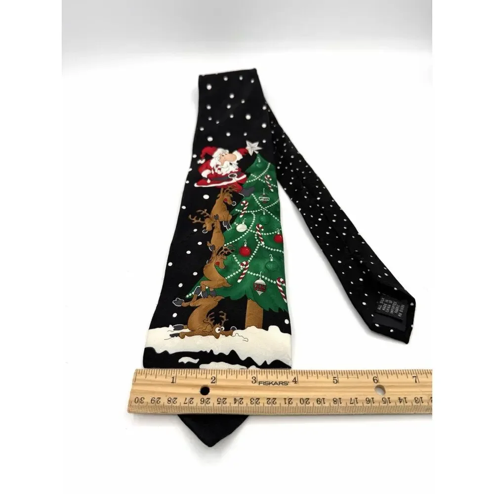 Hallmark Santa & Reindeer Christmas Tree Decorating Funny Holiday Fun Tie Black